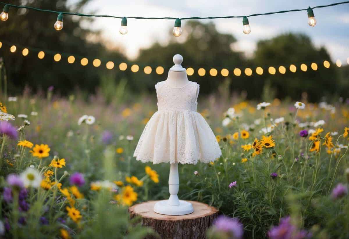 A young girl twirls in a garden, wearing a tutu dress adorned with flowers, imagining herself as a bride