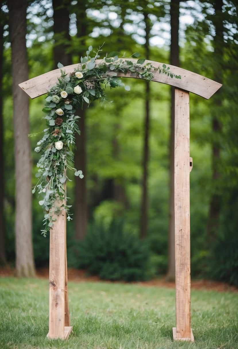 A rustic wooden arch stands adorned with greenery in a woodland setting