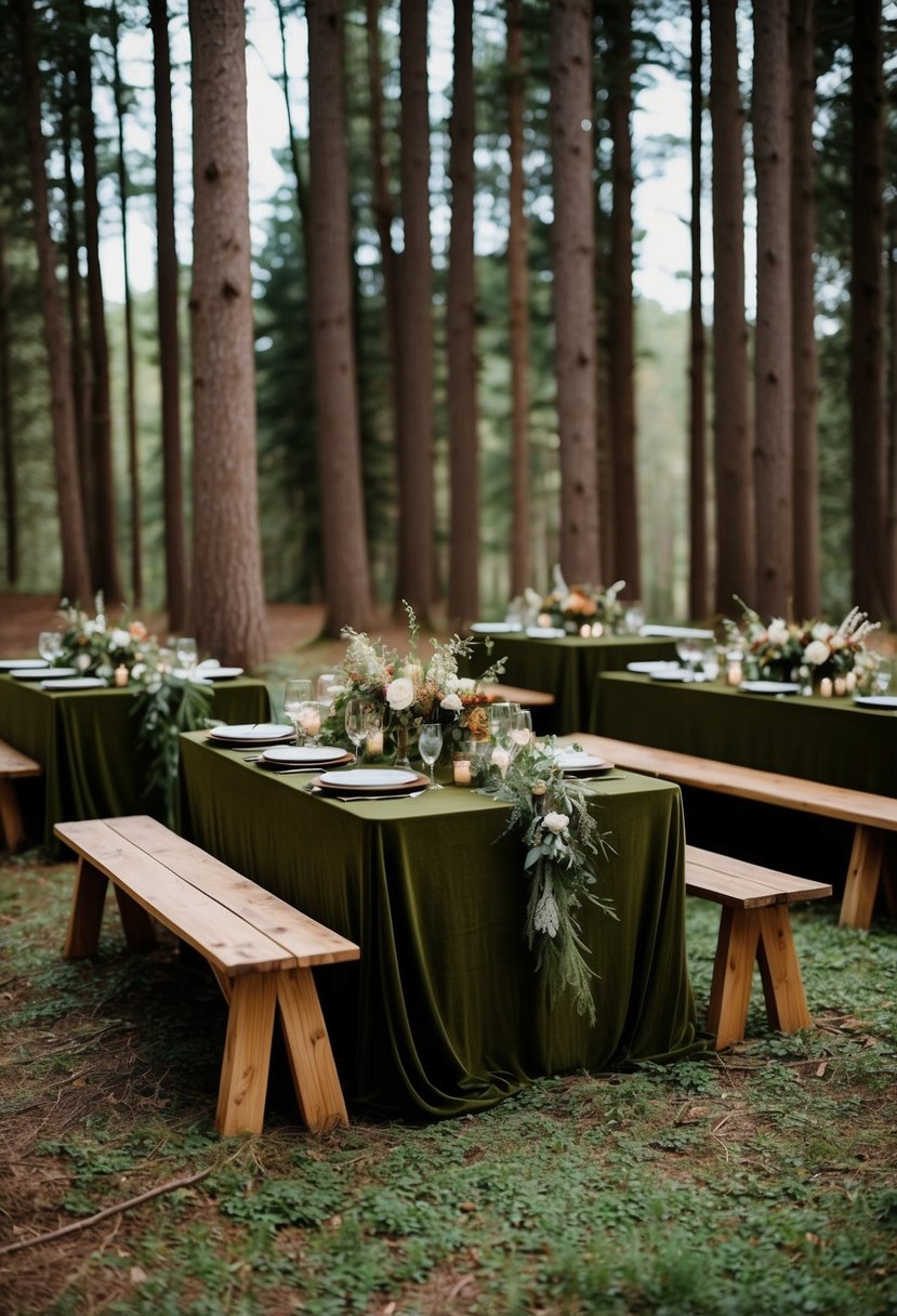 A rustic outdoor wedding setting with burlap banners hanging from wooden posts, surrounded by tall trees and wildflowers