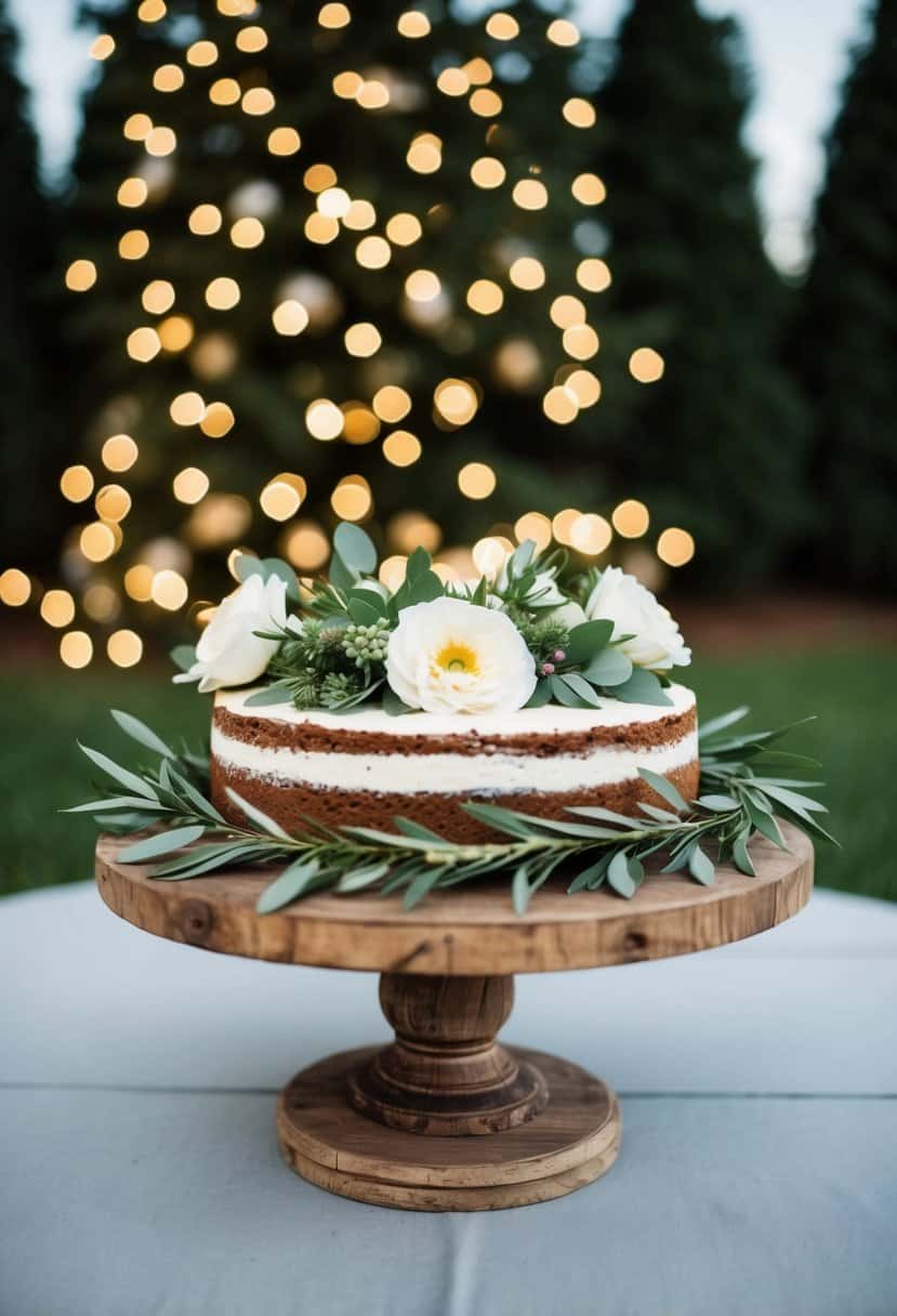 A rustic wood slice cake stand adorned with greenery and flowers, set against a backdrop of trees and twinkling lights