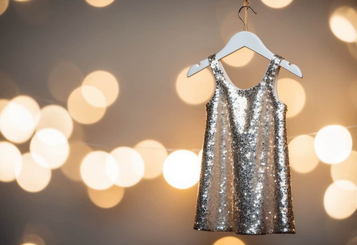 A sparkling sequined party dress hanging on a child-sized mannequin