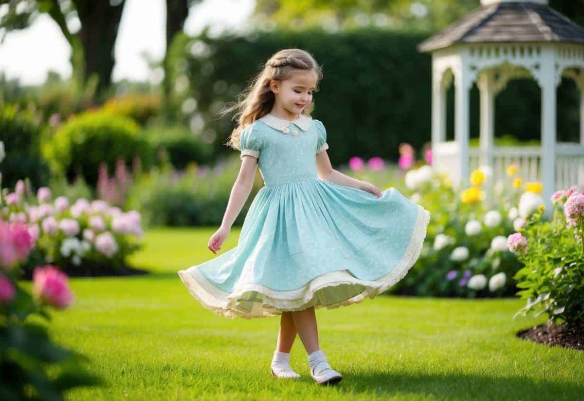 A young girl twirls in a garden wearing a vintage tea length dress, surrounded by blooming flowers and a quaint gazebo