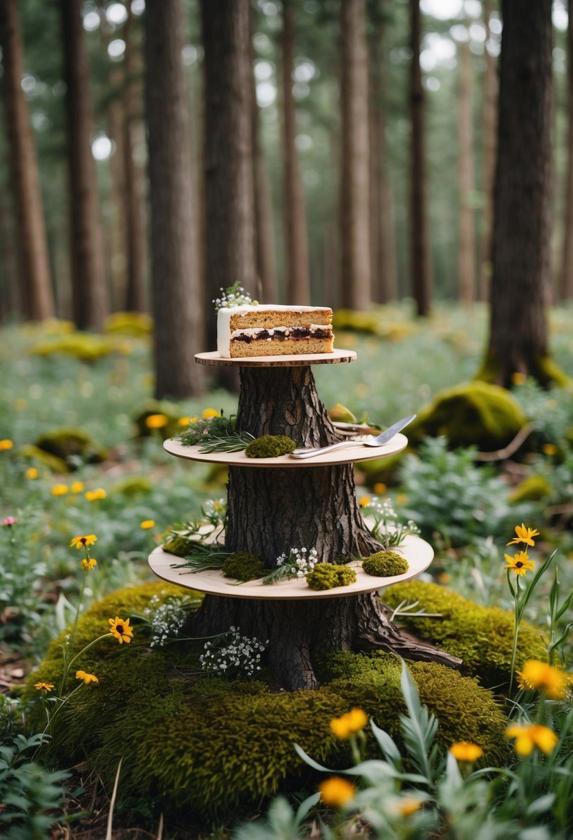 A rustic woodland wedding scene with tree slice cake stands nestled among moss and wildflowers