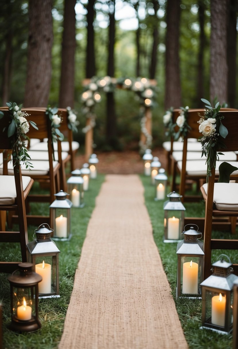 A rustic aisle adorned with vintage lanterns, creating a cozy woodland atmosphere for a wedding