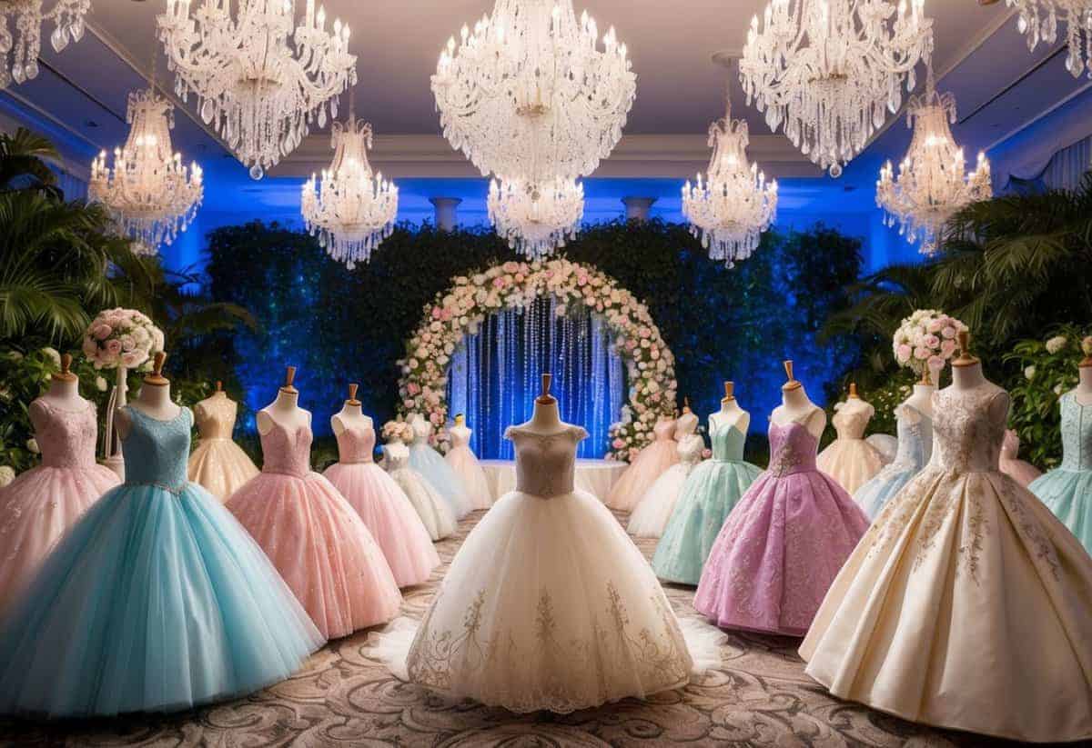 A grand ballroom with cascading chandeliers and a magical garden backdrop, showcasing a collection of whimsical and enchanting fairy tale ball gown wedding dresses for kids