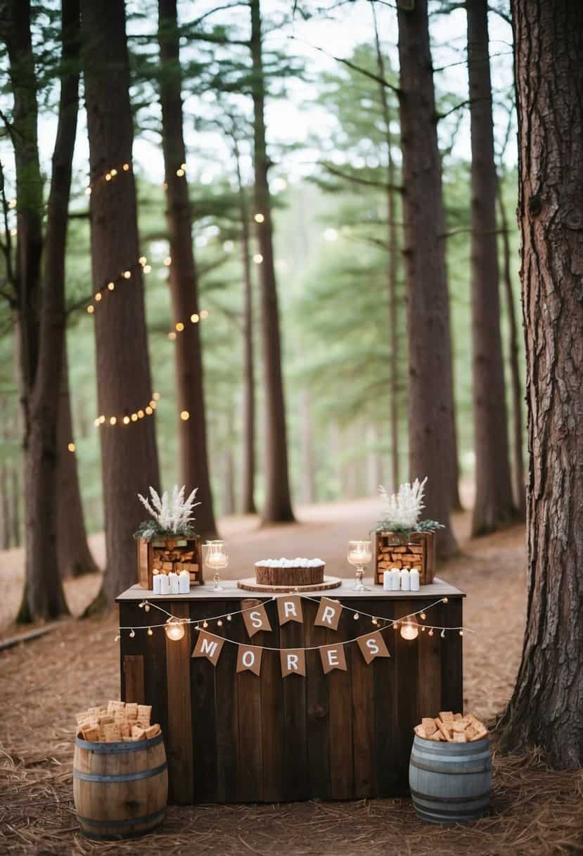 A serene forest clearing with dappled sunlight, where delicate floral crown headpieces are displayed on a rustic wooden table. The air is filled with the scent of wildflowers and the gentle hum of bees