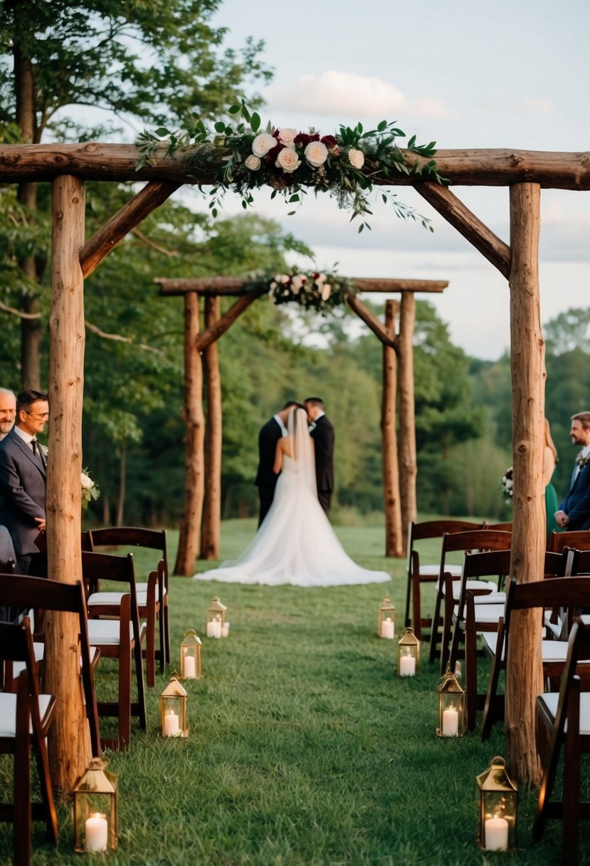 Rustic wooden archways frame a woodland wedding ceremony