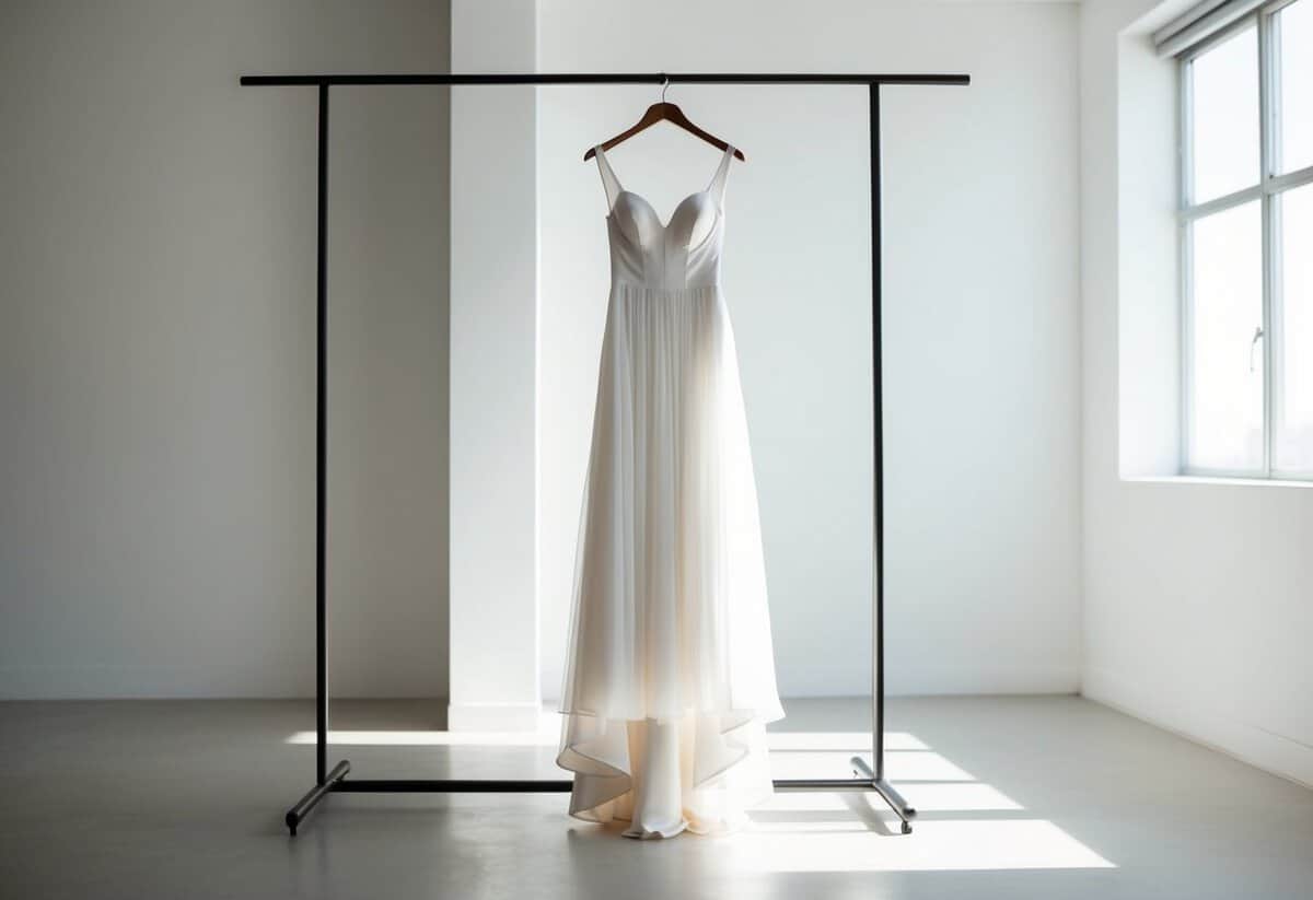 A flowing, floor-length white wedding dress hangs from a sleek, modern clothing rack in a sunlit, minimalist studio space