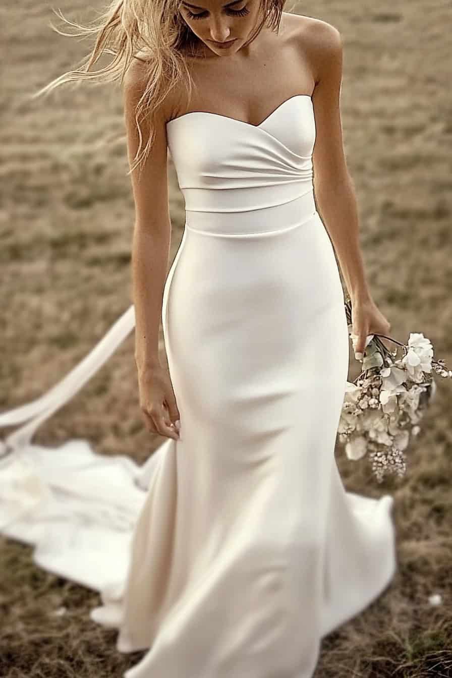 A woman in a strapless white wedding dress holding a bouquet of flowers walks through a grassy field.