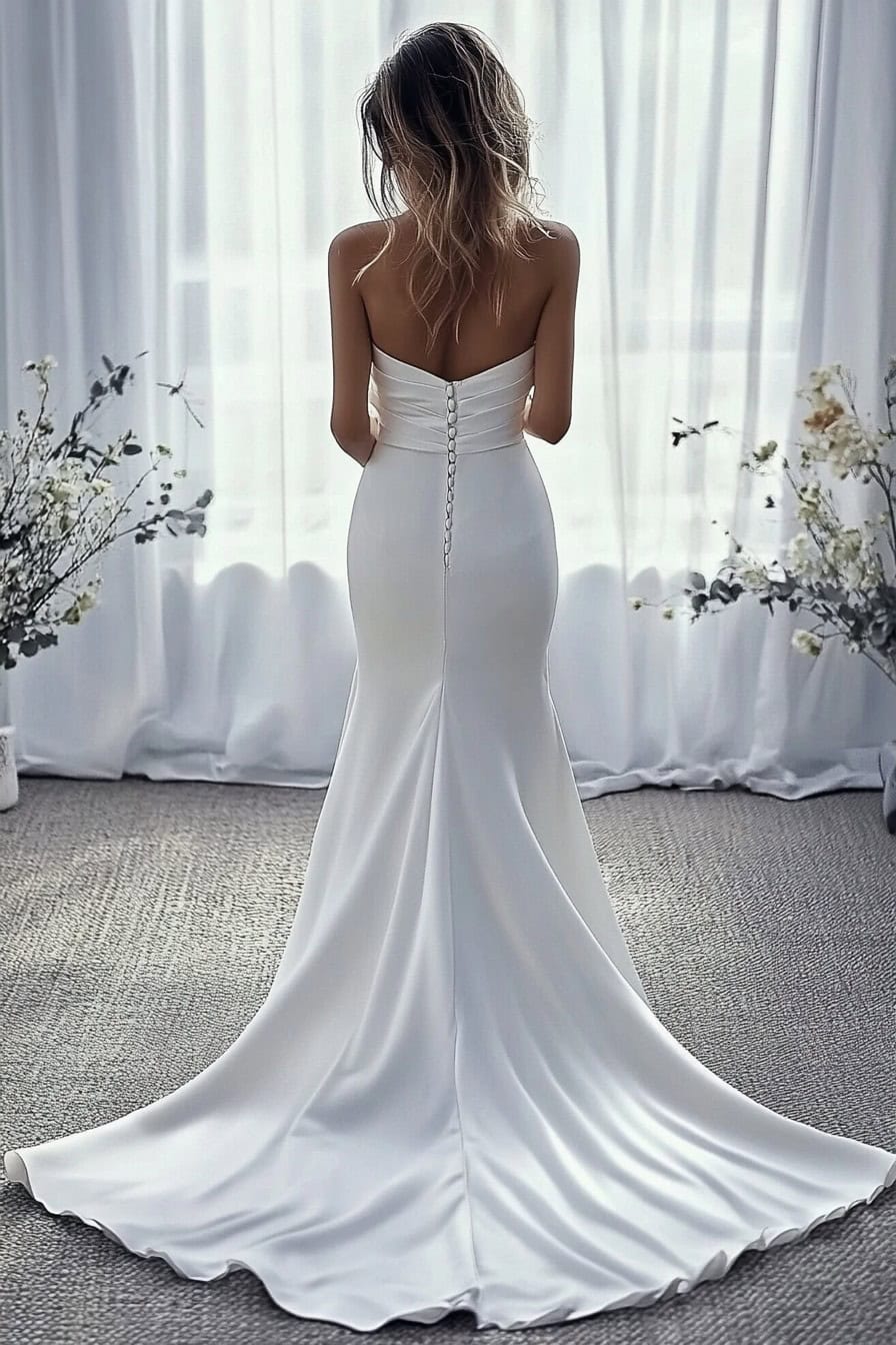 A person in a strapless white gown with a long train stands with their back to the camera in a room with light-colored curtains and floral arrangements.