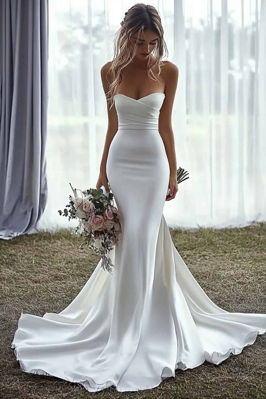 A woman in a strapless white wedding dress stands in front of a sheer curtain, holding a bouquet of flowers.