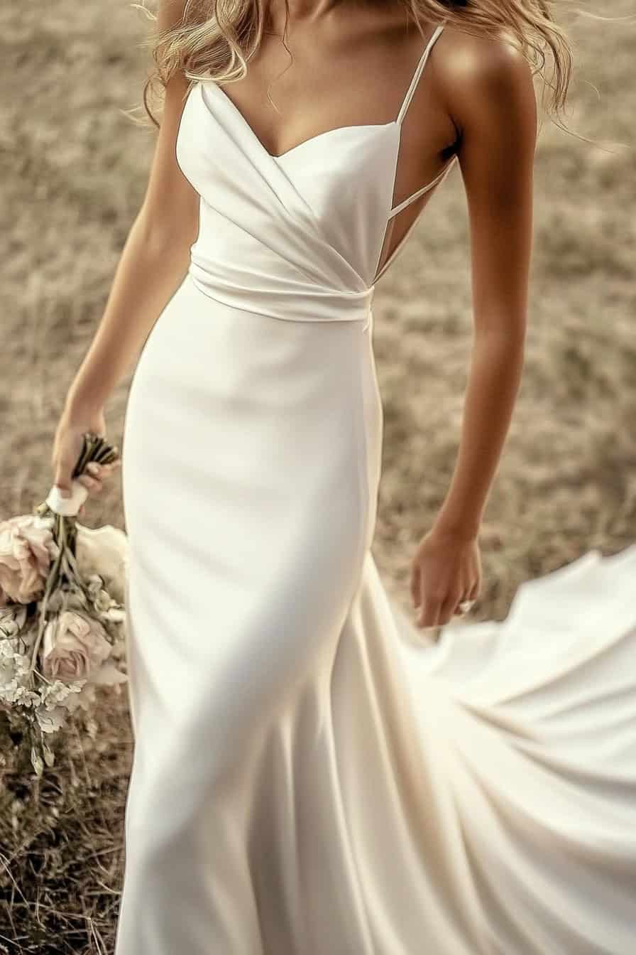 A woman in a white, sleeveless, fitted wedding dress holds a bouquet of flowers while standing on grass.