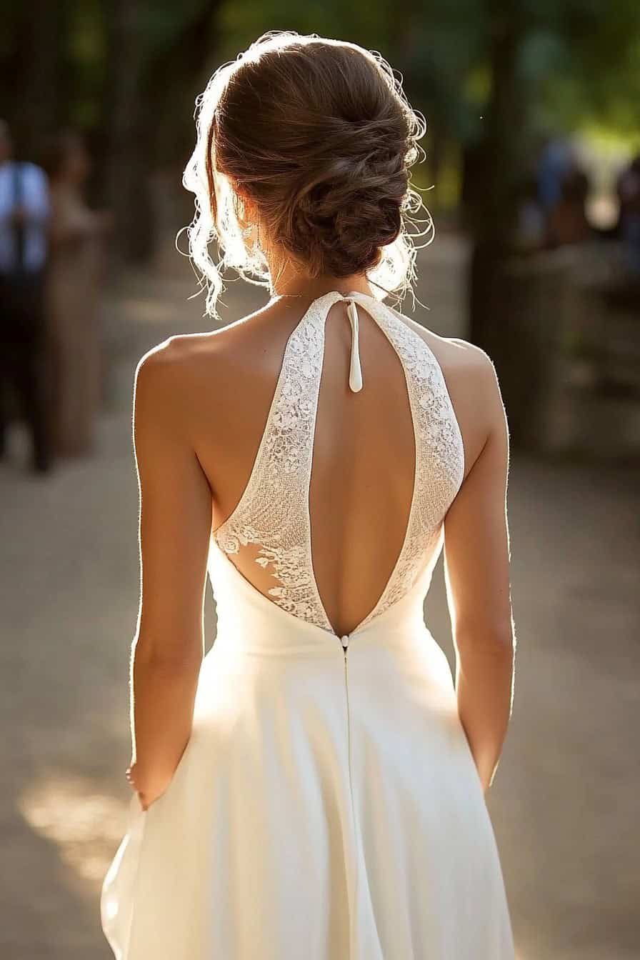 A woman wearing a backless white dress with lace details stands outdoors, her hair styled in an updo.