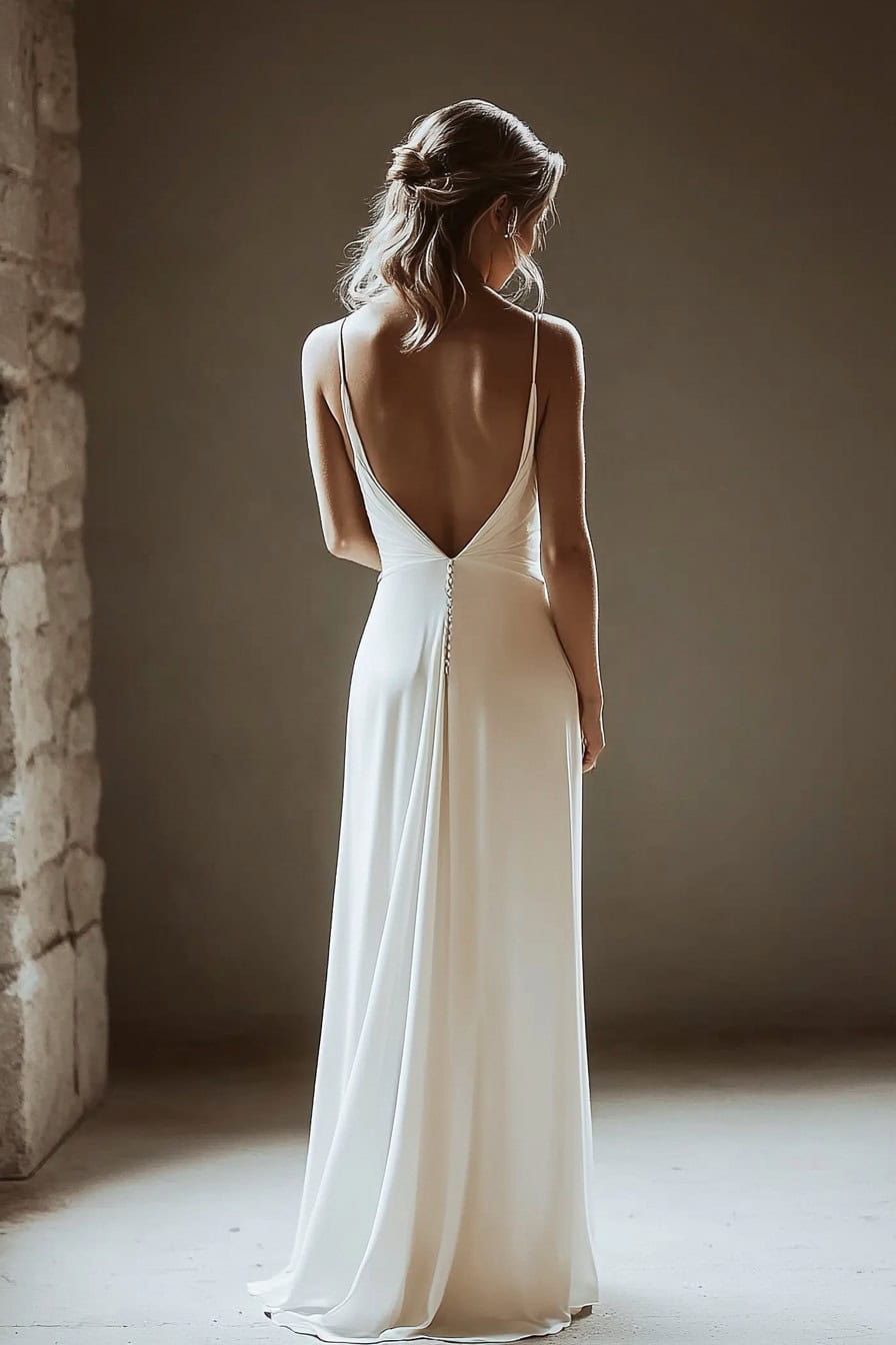 A woman wearing a backless white gown with thin straps stands facing a wall made of stone.