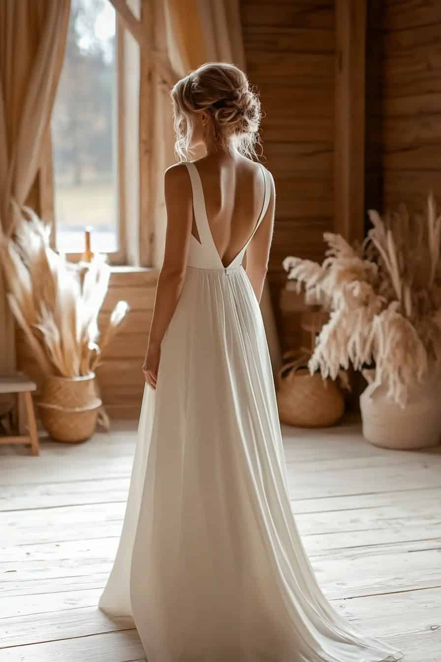 A woman in a flowing, backless white dress stands facing a window in a rustic wooden room with dried floral arrangements.