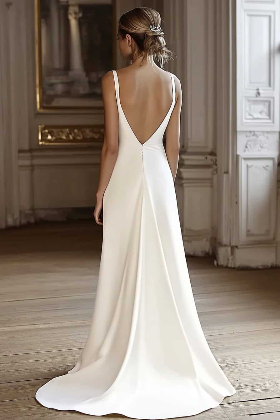 A woman in a white, backless, floor-length gown stands with her back to the camera in a room with ornate white and gold decor.