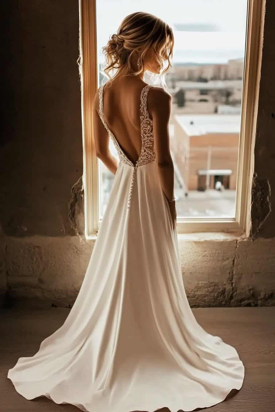 A woman in a white sleeveless, backless gown stands by a window with an urban cityscape visible outside.