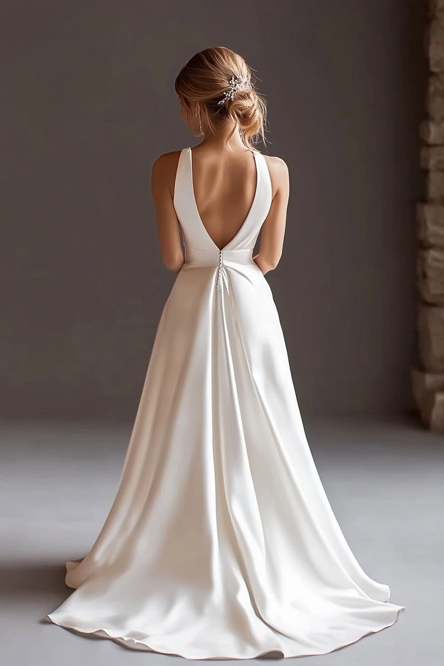 A woman in an elegant, backless white gown with a flowing train stands facing away, showcasing the dress's design detail and buttoned back. Her hair is styled in an updo adorned with decorative pins.