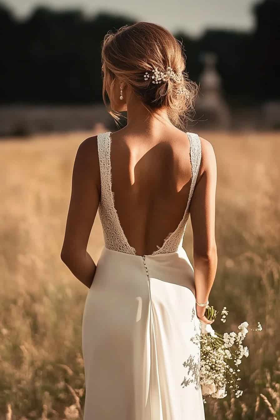 Bride seen from behind, wearing a backless wedding dress with lace straps and holding a small bouquet of white flowers in a field. Hair is styled in an updo with decorative pins.