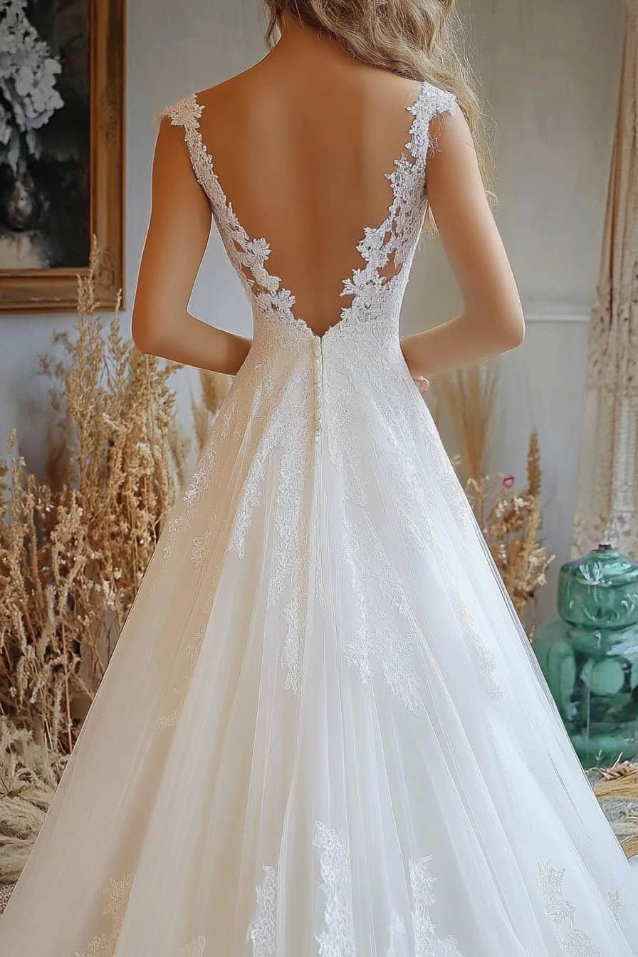 A bride wearing a white lace wedding dress with an open back stands in front of a blurred, rustic background with dried flowers.