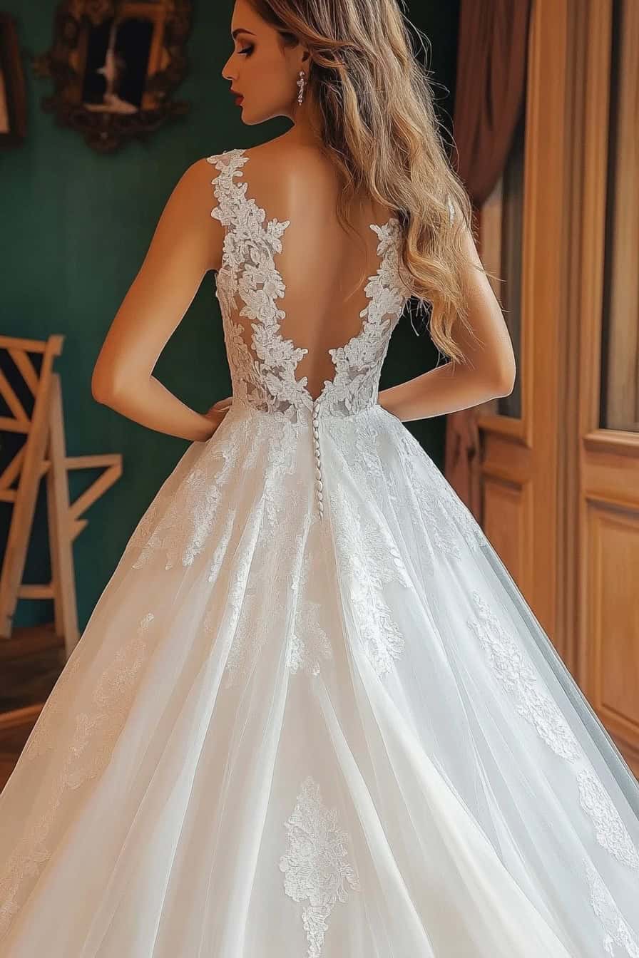 A bride stands with her back to the camera, showcasing a white lace wedding dress with a deep V-back and intricate floral embroidery.