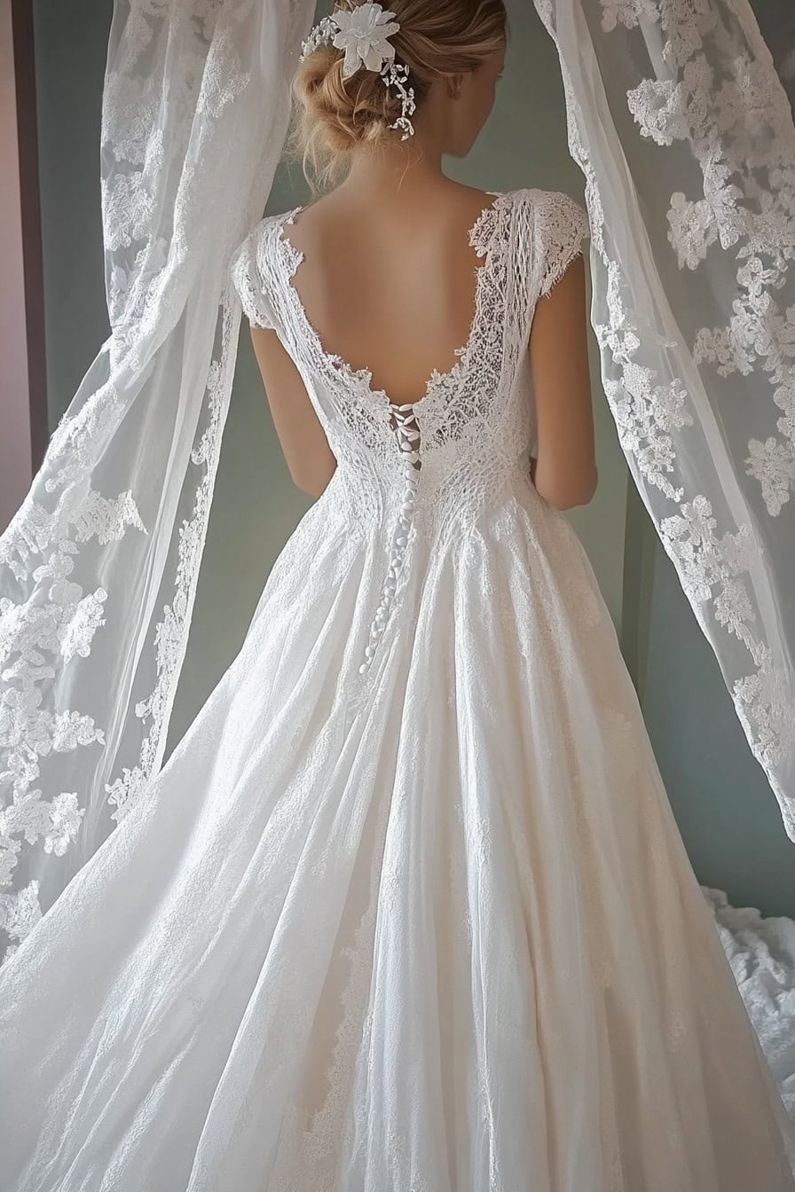 A bride in a white lace wedding gown with a low back and cap sleeves stands in front of a sheer lace curtain, with her back turned towards the camera.