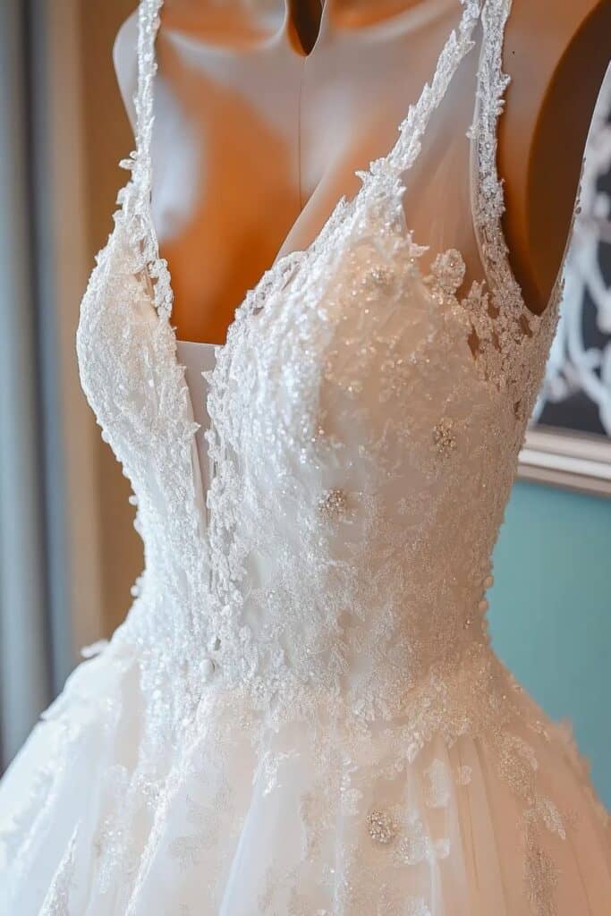 A close-up view of a lace wedding dress on a mannequin, showcasing intricate floral detailing and beadwork on the bodice and straps.