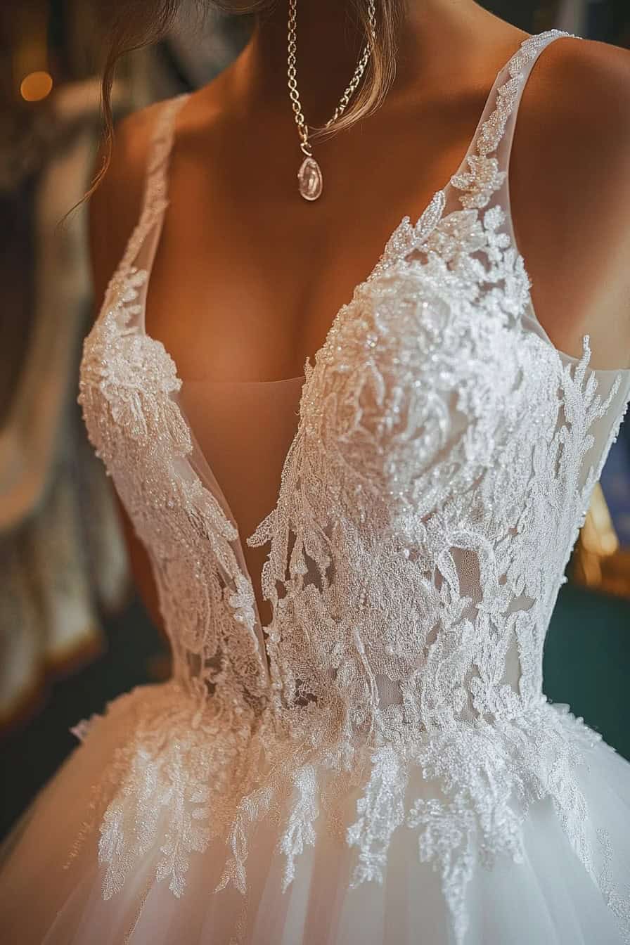 Close-up of a woman wearing a white lace wedding dress with a deep V neckline and a sheer bodice. A delicate necklace with a pendant hangs around her neck.