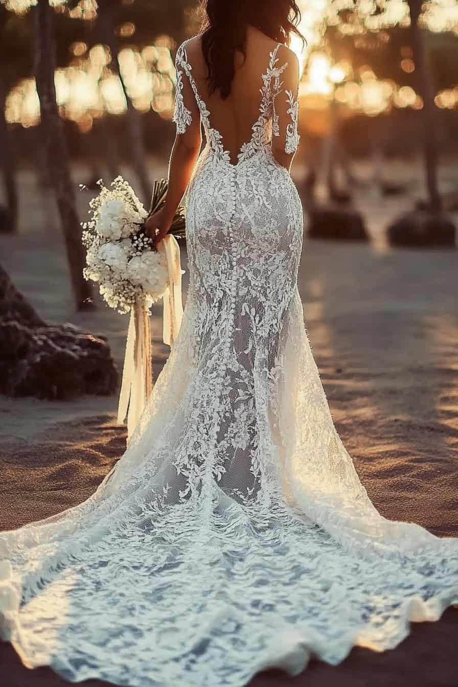 A woman in a lace wedding dress is standing outdoors, holding a bouquet of white flowers. The sun is setting in the background, casting a warm glow.