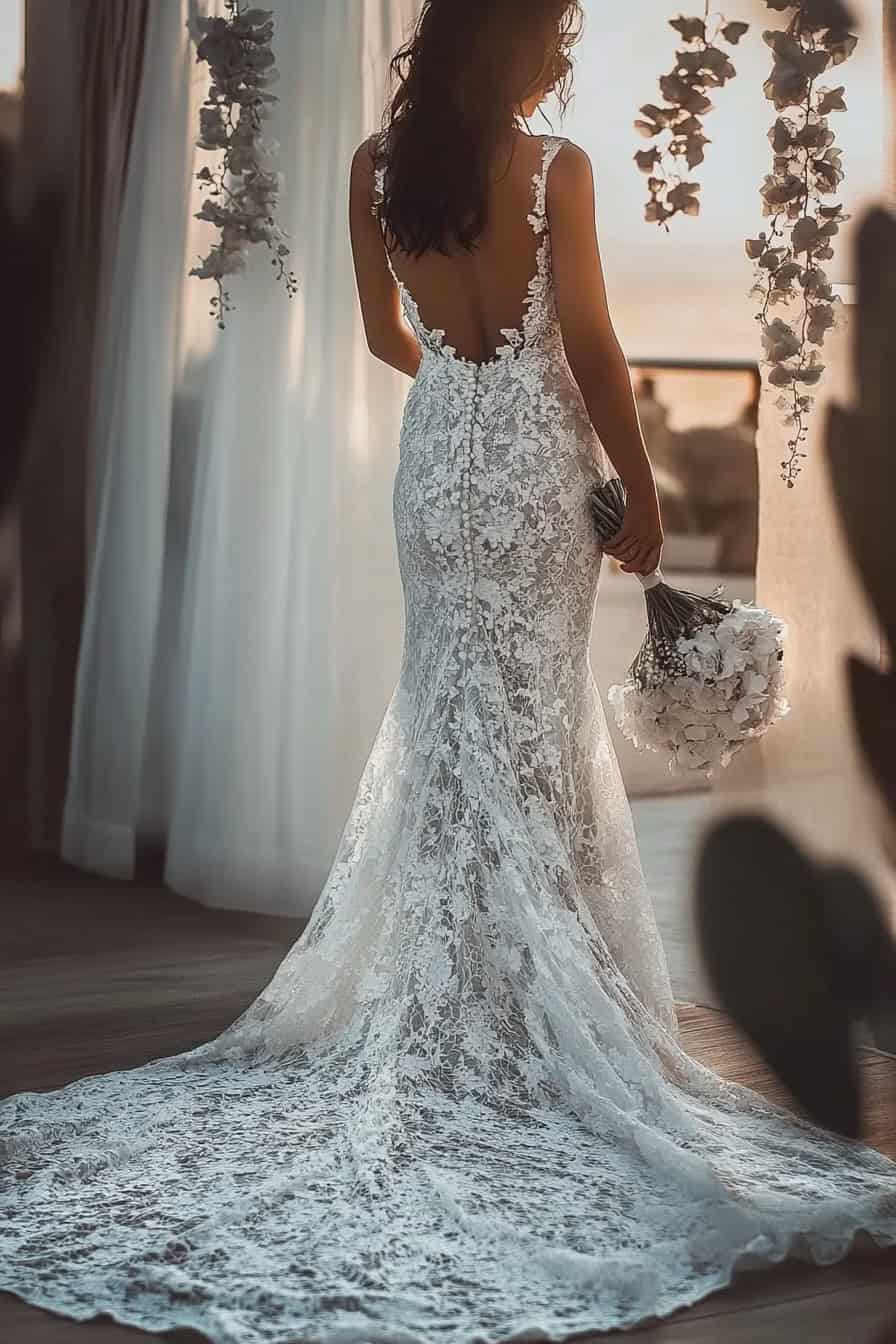 A woman in a backless, lace wedding dress stands indoors holding a bouquet of white flowers, with soft backlighting and floral decorations around.