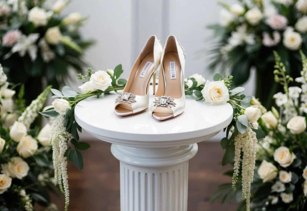 A pair of elegant Badgley Mischka Clark wedding shoes displayed on a pristine white pedestal, surrounded by delicate floral arrangements