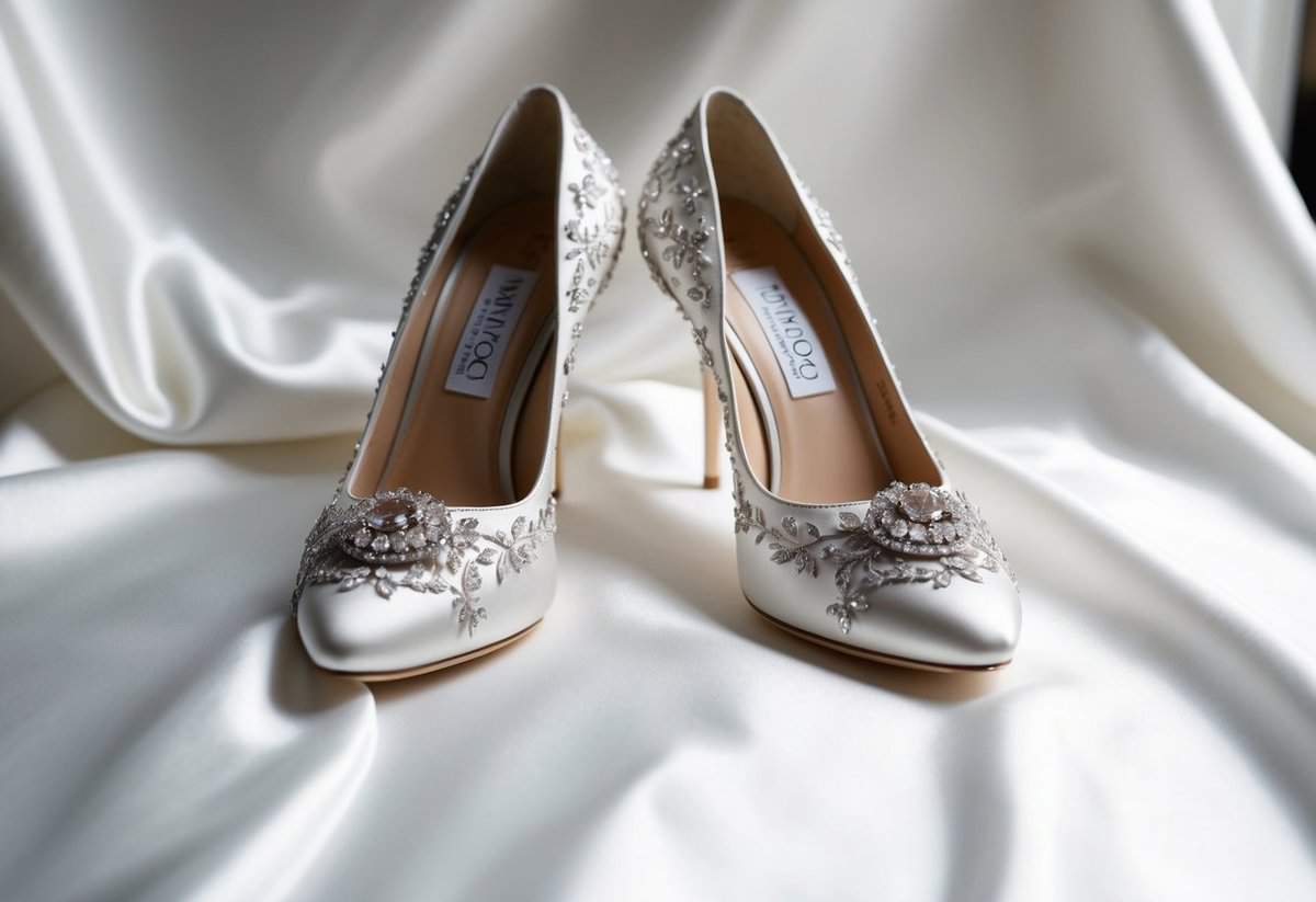 A pair of elegant Jimmy Choo Romy 100 wedding shoes on a pristine white satin background, with delicate lace and sparkling embellishments