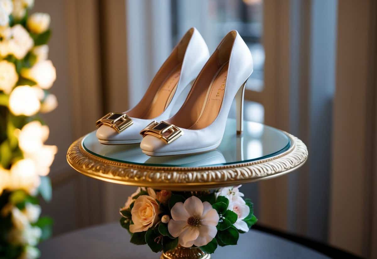 A pair of elegant Kate Spade New York Izzie Pumps displayed on a luxurious, floral-adorned pedestal, with soft lighting highlighting their intricate details