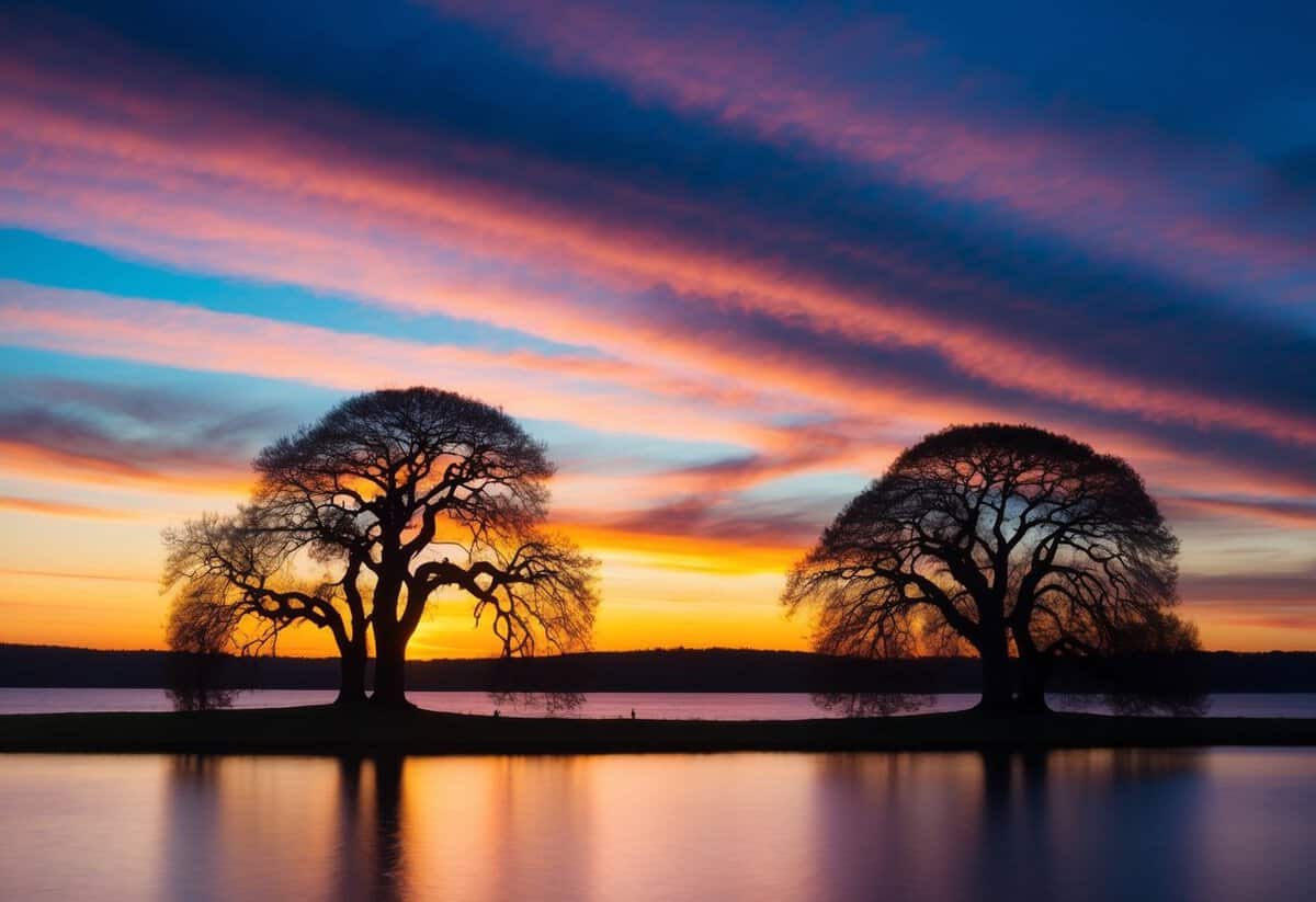 A picturesque sunset over a tranquil lake, with two entwined trees silhouetted against the colorful sky