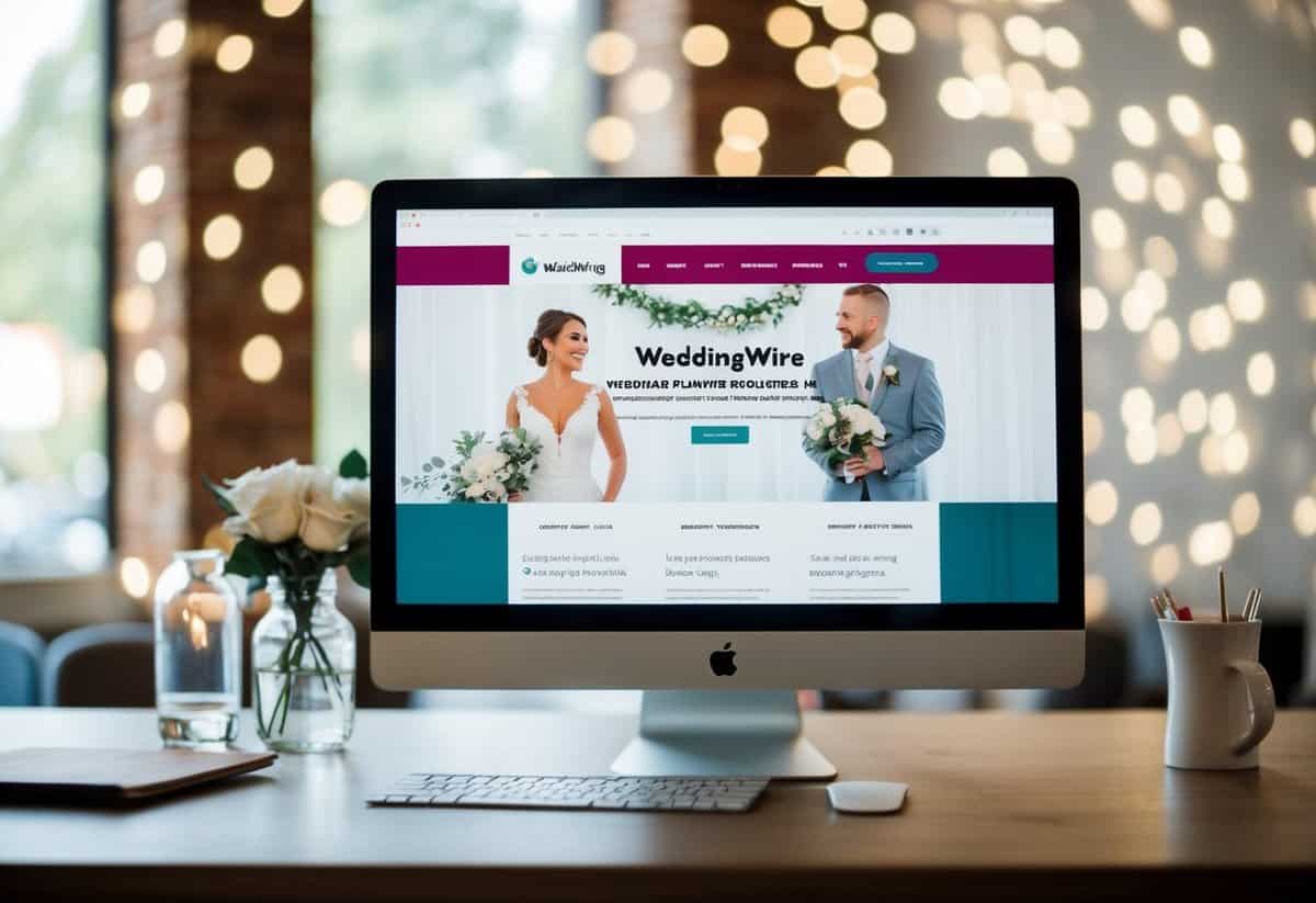 A computer screen showing the WeddingWire website with wedding planning tools and resources