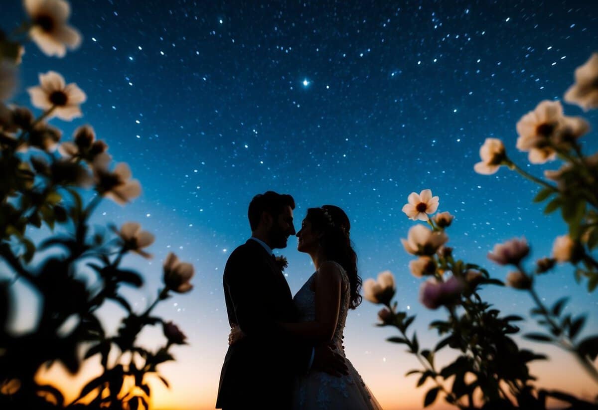 A couple's silhouette under a starry sky, surrounded by blooming flowers and a romantic setting