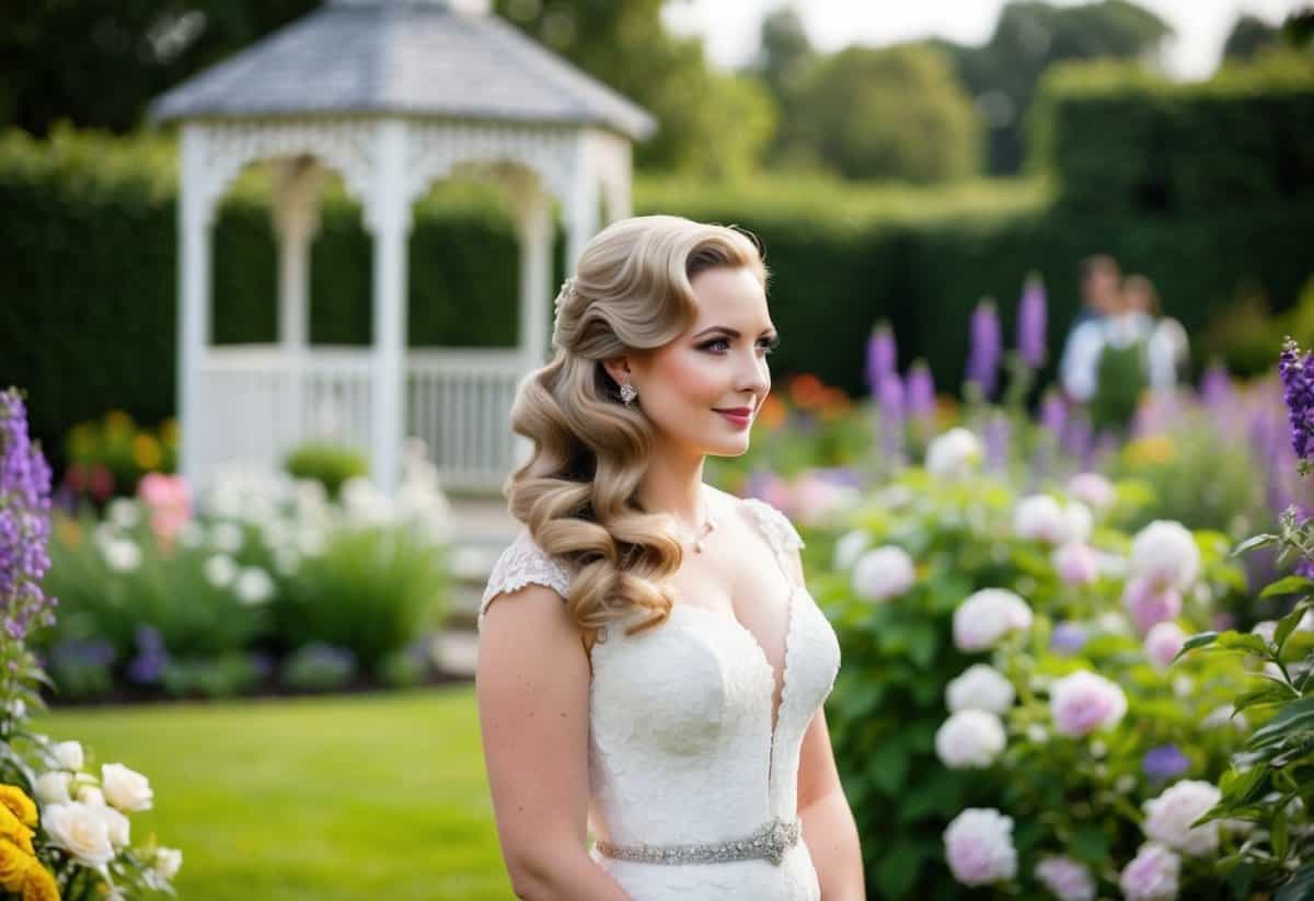 A bride with vintage waves stands in a garden, surrounded by blooming flowers and a quaint gazebo. Her hair is elegantly styled, with soft curls cascading down her shoulders