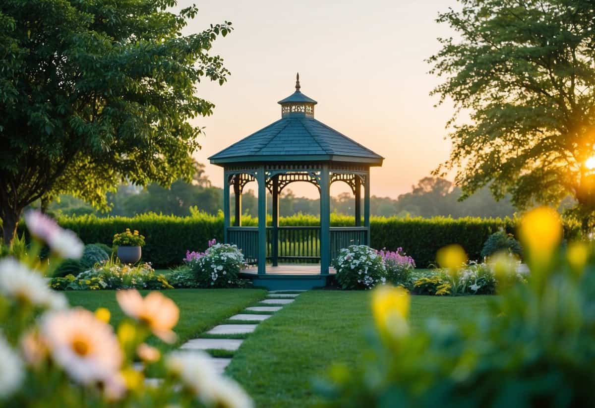 A serene garden with blooming flowers and a charming gazebo, surrounded by lush greenery and a soft, golden sunset glow