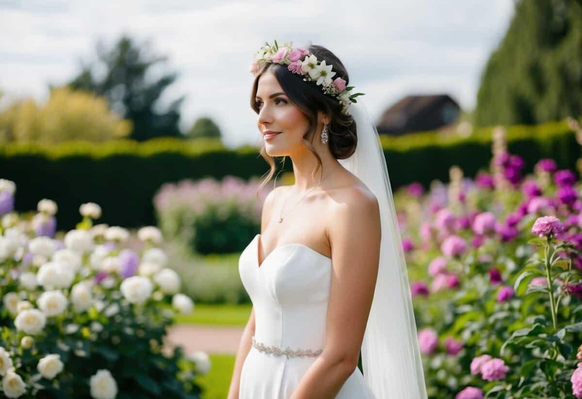 A bride with a flower crown in her hair, standing in a garden surrounded by blooming flowers