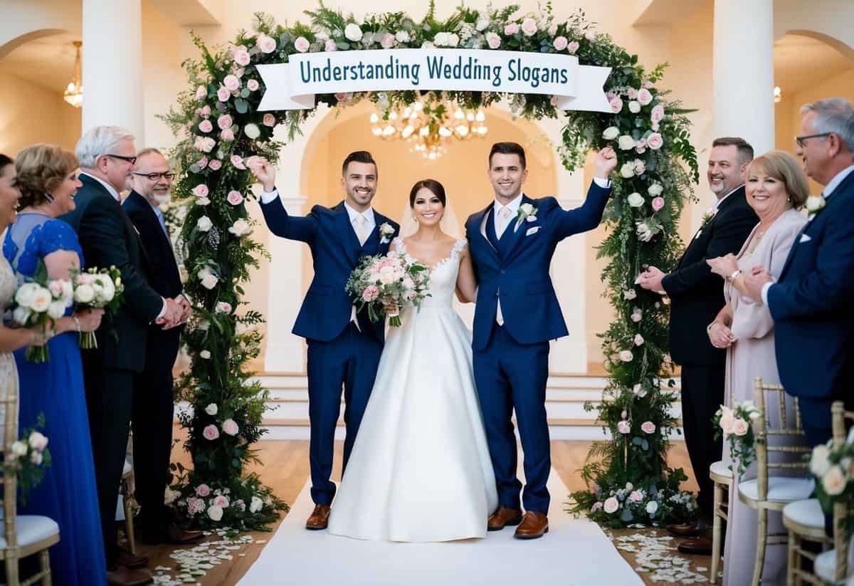 A bride and groom standing under a floral arch with a banner reading "Understanding Wedding Slogans" surrounded by happy guests