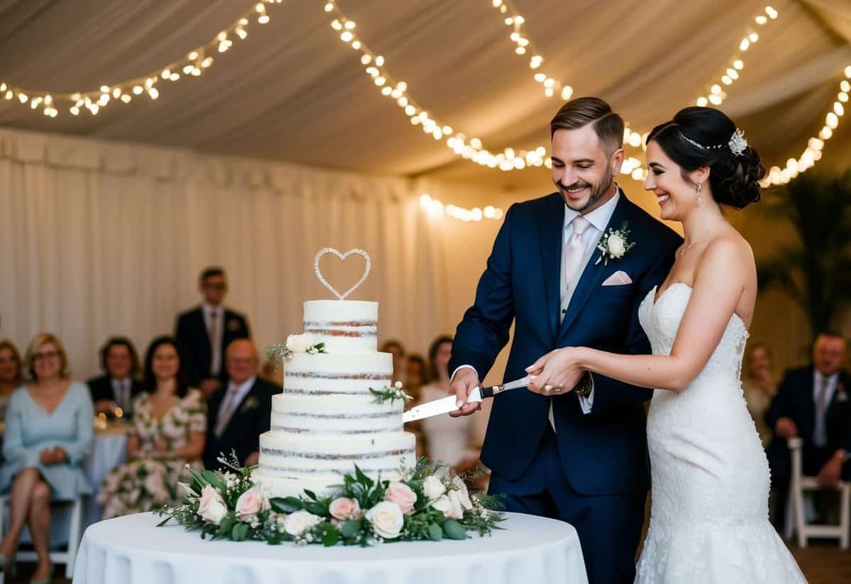 A bride and groom cutting a tiered wedding cake with a heart-shaped topper, surrounded by floral decorations and twinkling fairy lights