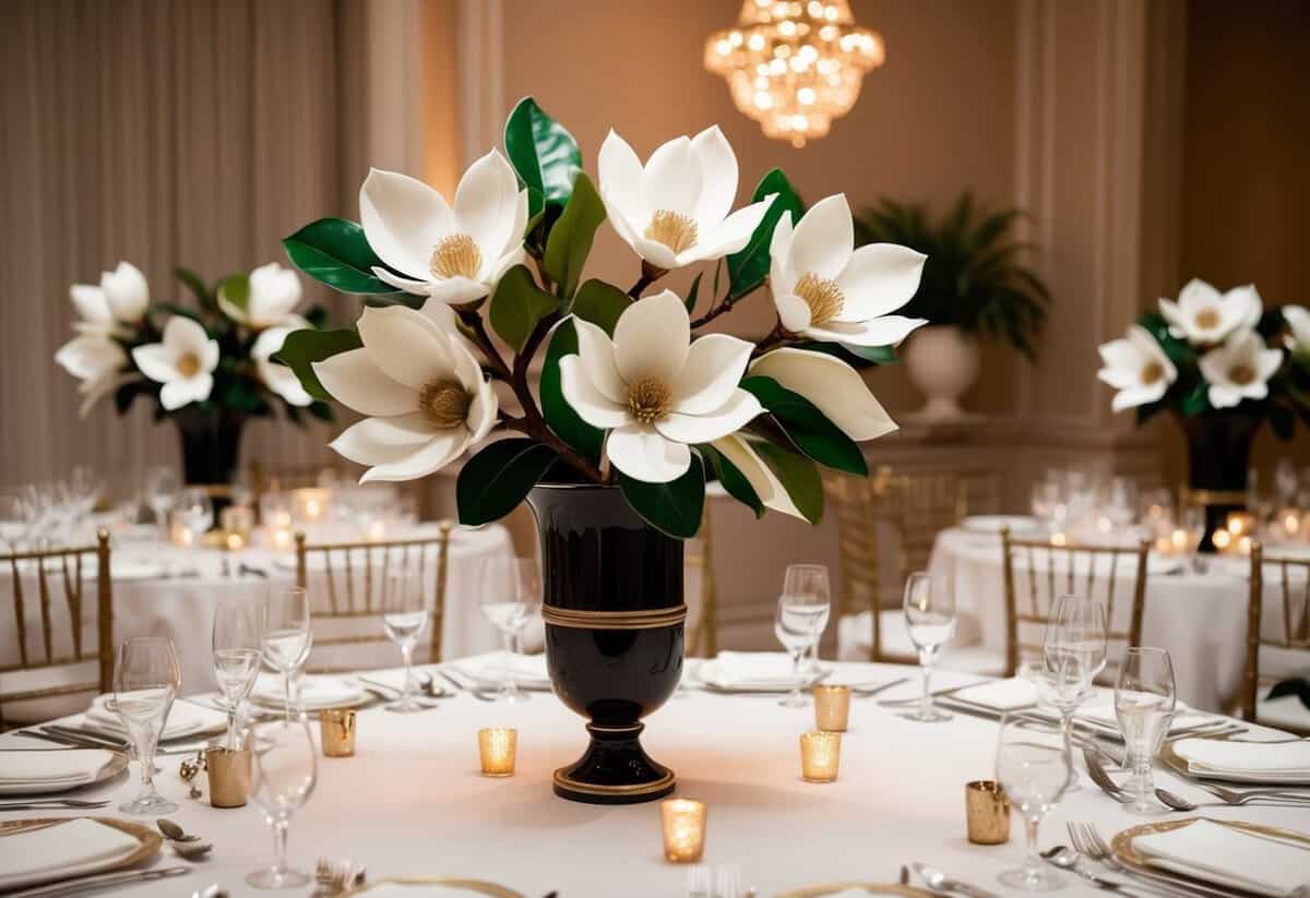 A luxurious wedding table adorned with lifelike Riviera Maison Artificial Magnolia flowers in a stylish vase