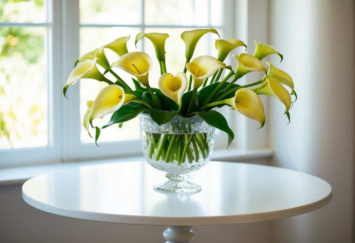 A beautiful bouquet of Calla Lilies arranged in a crystal vase on a white table, with soft natural light streaming in from a nearby window