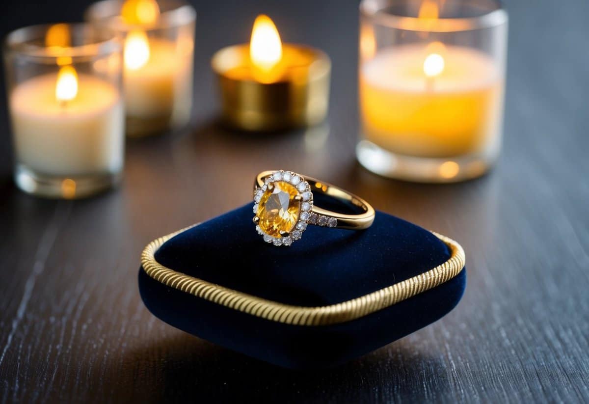 A yellow gold wedding ring glimmers on a dark velvet cushion, surrounded by soft candlelight