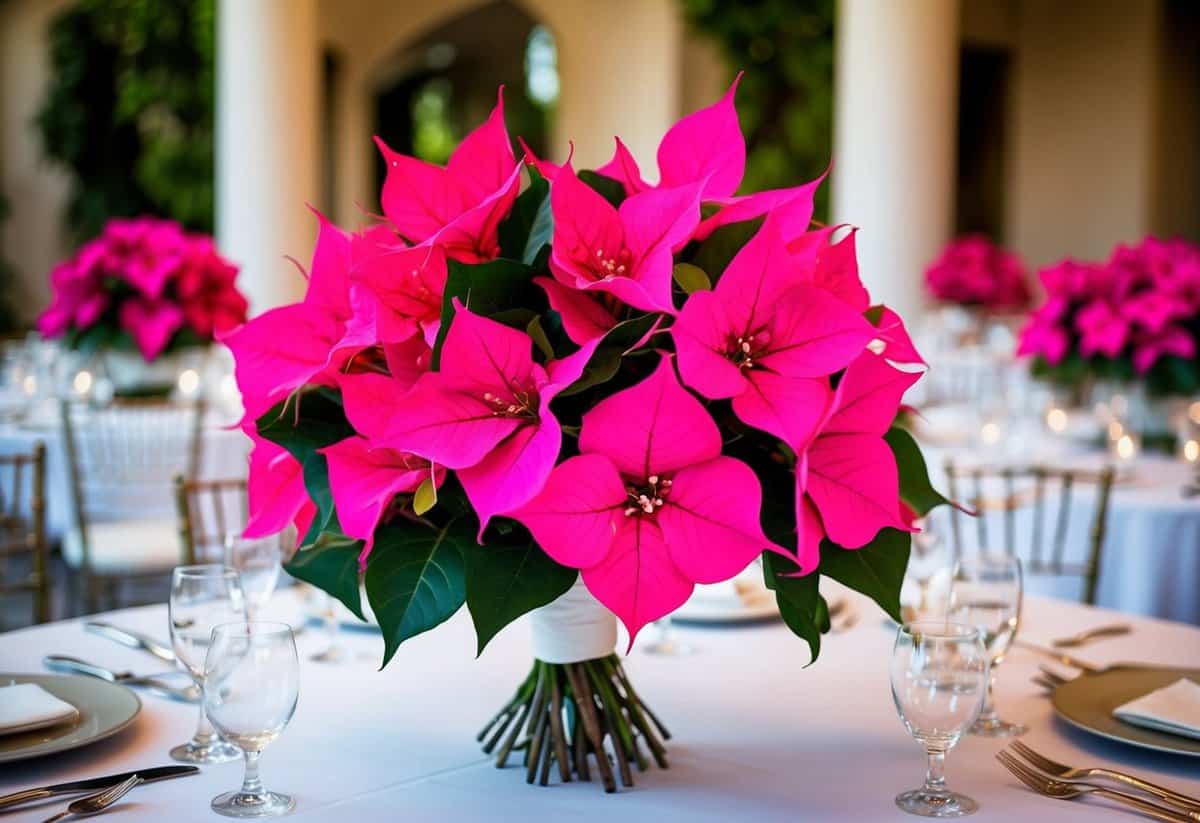 A vibrant bouquet of Silk Bougainvillea adorns a wedding table, adding a touch of natural beauty to the elegant setting