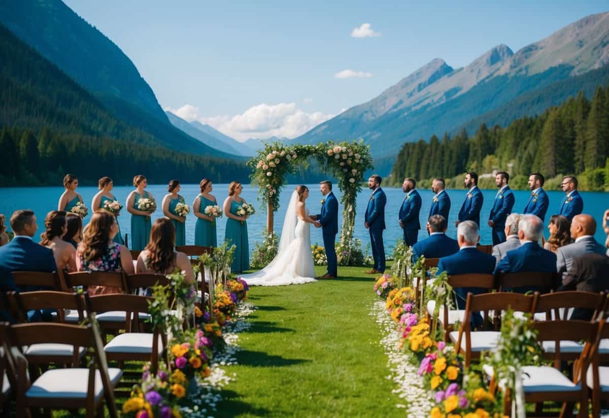 A beautiful outdoor wedding ceremony with a picturesque backdrop of mountains and a serene lake, surrounded by lush greenery and colorful flowers