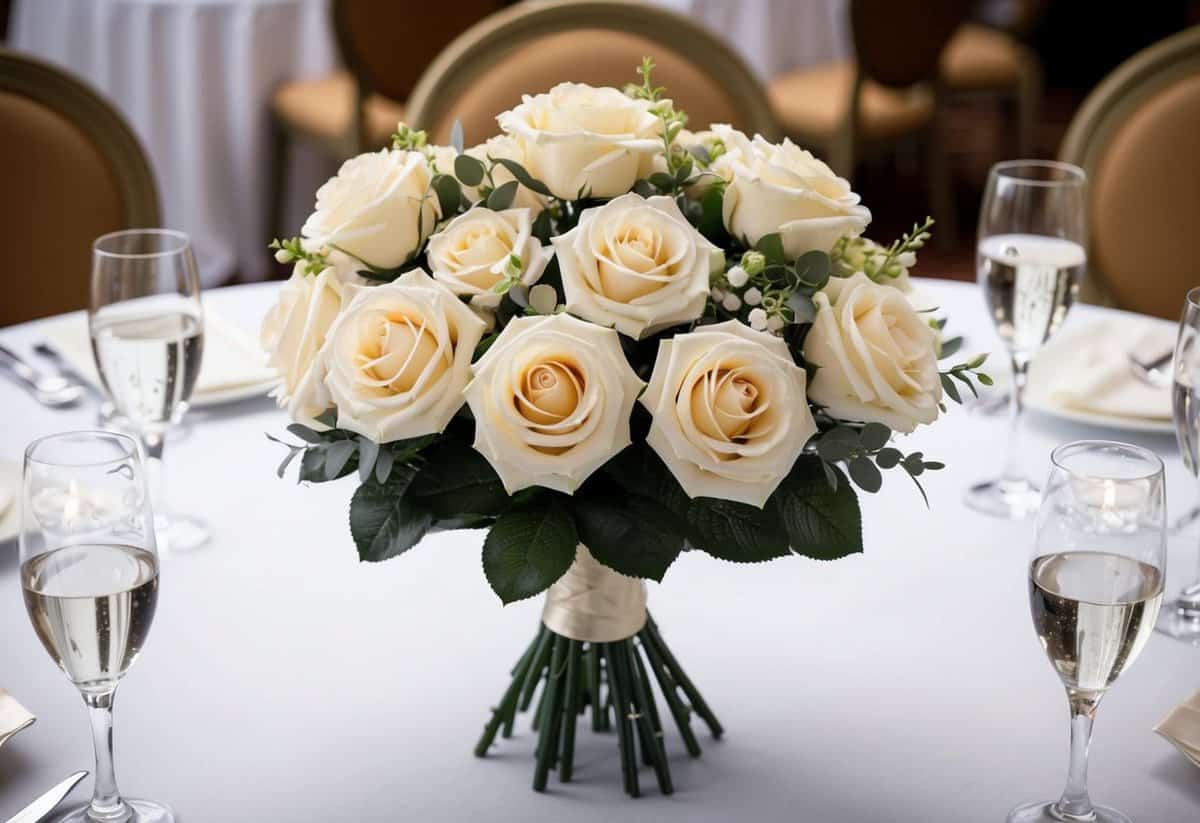 A beautiful wedding table set with an elegant bouquet of Shareflowers Artificial Roses as the centerpiece