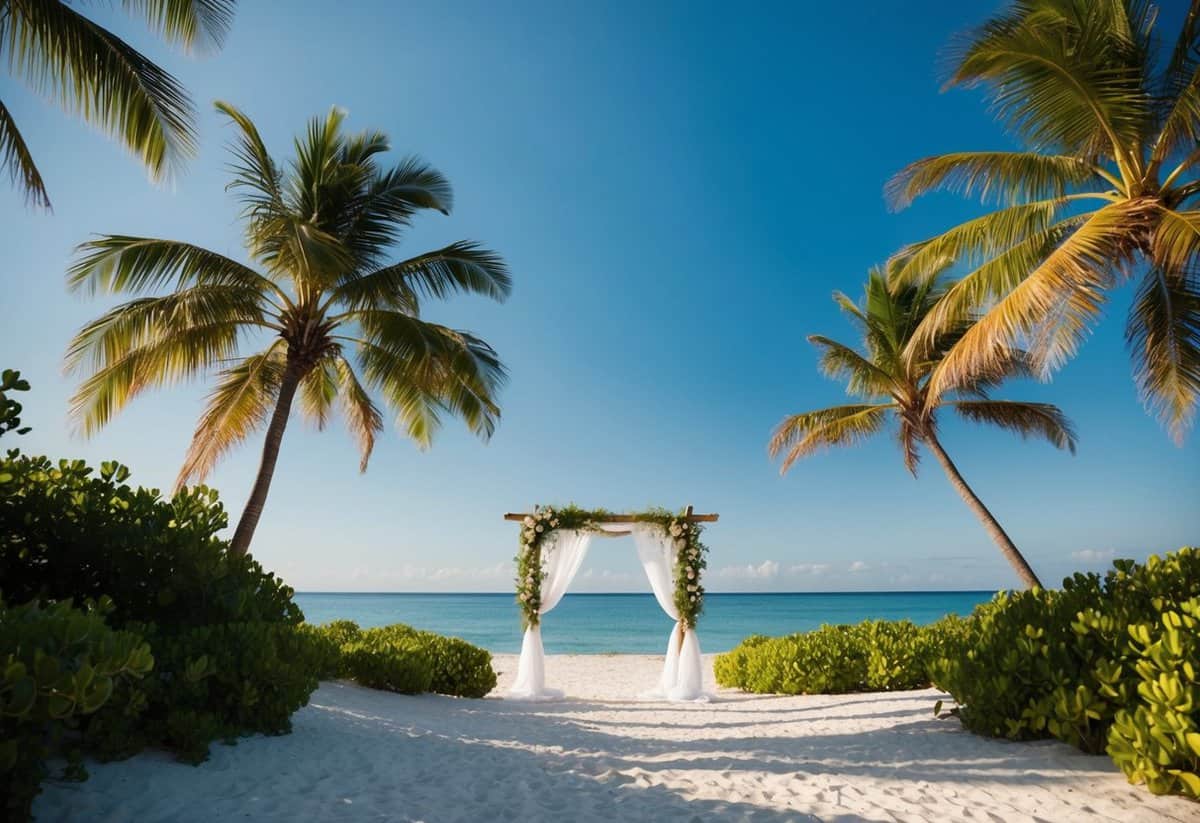 A serene beach setting with a wedding arch, surrounded by lush greenery and a clear blue sky. A gentle breeze rustles through the palm trees, creating a peaceful and romantic atmosphere