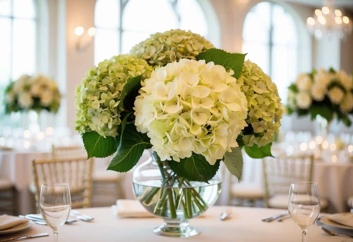 A lush bouquet of silk hydrangea flowers arranged in a glass vase, with soft natural lighting and a romantic wedding setting in the background