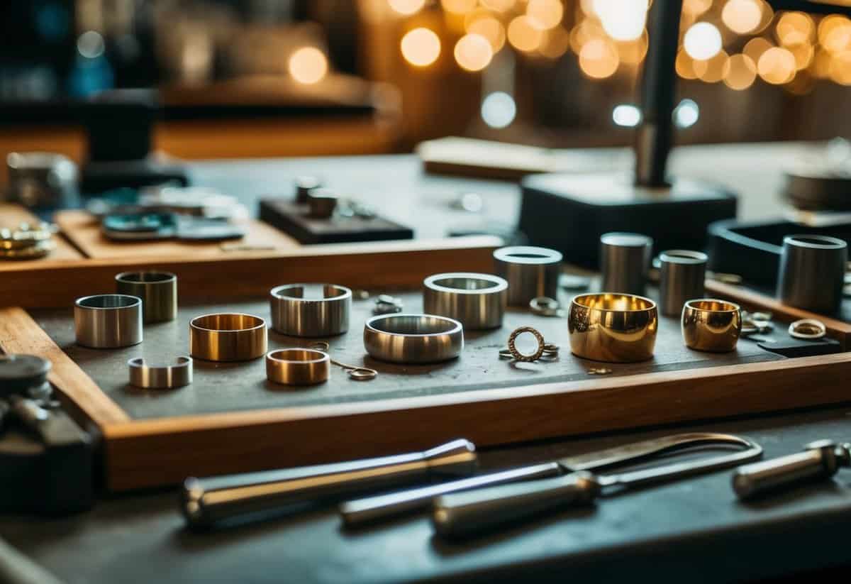 A jeweler's workbench with various metal samples and tools for crafting wedding rings